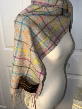 Coach Multicolor Plaid  Scarf in Neutral Base with Bright Accents wool cashmere